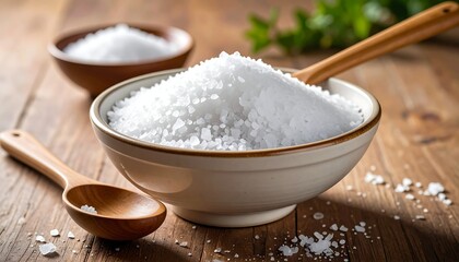 White salt crystals in a bowl on a wooden table