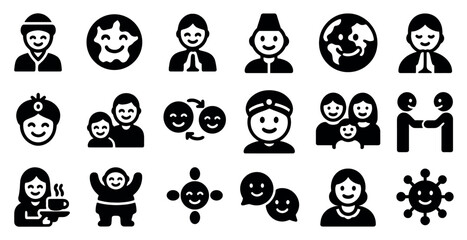 Culture and community solid icons set – filled, people, global interaction symbols