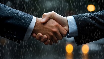 Business Handshake in the Rain Symbolizing Trust, Commitment, and Partnership Through Adversity