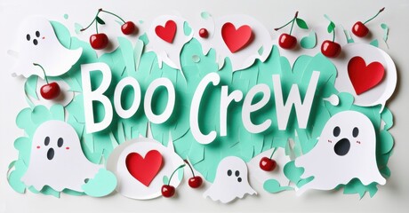 Fototapeta premium Cute papercraft design features ghosts, cherries, hearts. Text reads Boo Crew in white lettering. Festive, playful composition.
