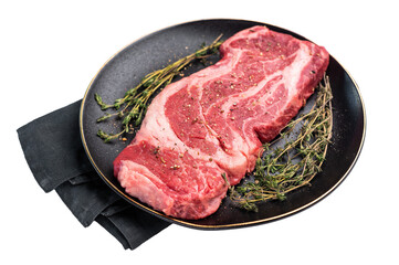 Chuck eye roll steak, raw marbled beef meat  with herb for cooking isolated on white background
