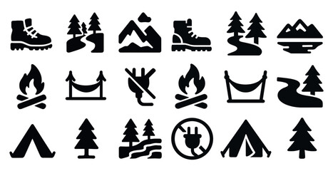 Naklejka premium Nature and camping solid icons set – filled outdoor adventure and hiking symbols