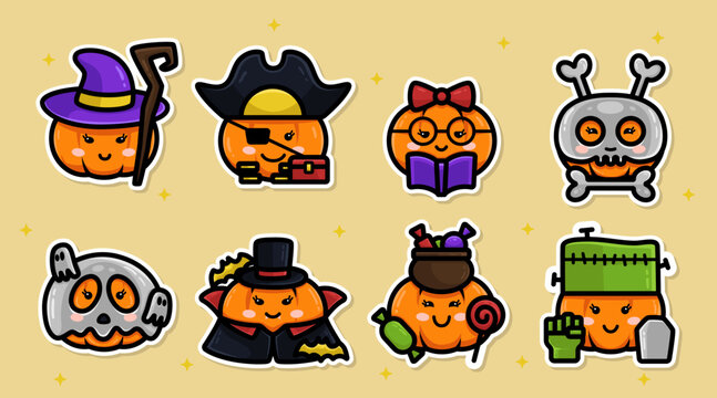 Cute Halloween sticker set collection with cartoon style and flat design. Adorable pumpkin sticker pack with various character costumes like vampire, witch, ghost and more