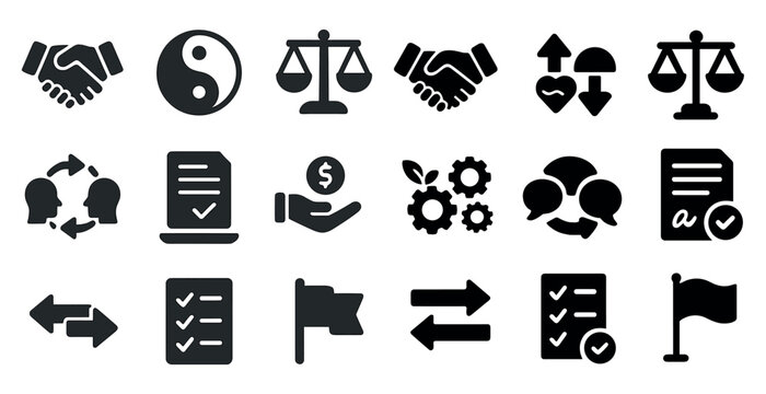 Business and collaboration solid icons set – corporate, teamwork, professional symbols