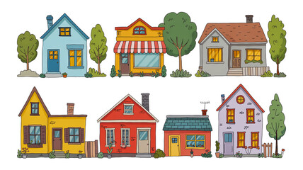 Hand-drawn watercolor illustration depicting two neat rows of charming houses with detailed textures and colors