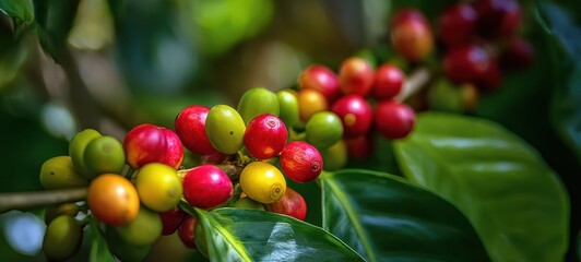 Obraz premium The Vibrant Coffee Berries Growing on a Lush Green Plant