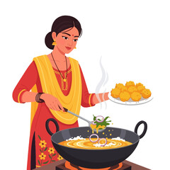 Woman in Red Cooking Tasty Food with Yellow Shawl