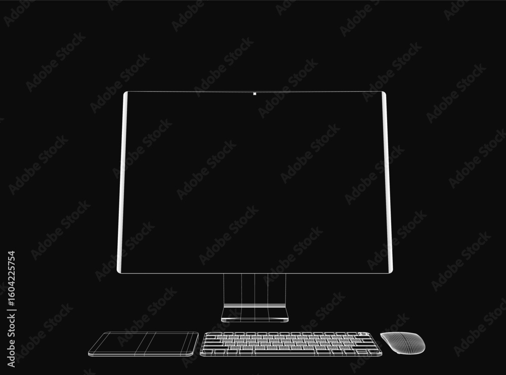 Poster a monoblock computer with a sleek keyboard and mouse sits on a black background, featuring a wirefra