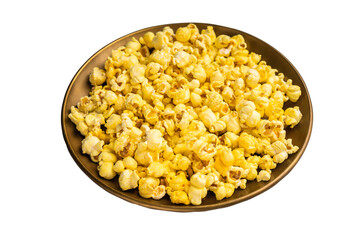 Fresh cheese and salty popcorn in a bowl isolated on white background