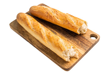 French bread baguette on wooden cutting board isolated on white background. top view