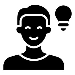 Creative Thinking Glyph Black Silhouette Vector Design - Person with a light bulb symbolizing innovative or original ideas, imagination, and creativity