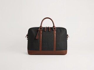 High-resolution image of a stylish black office briefcase with brown leather accents, isolated on white background. Ideal for business, office, or professional design concepts.