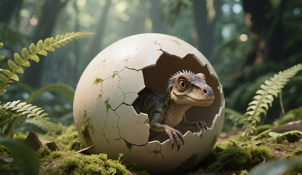 close-up of a large dinosaur egg cracking open on a forest floor, surrounded by ferns and moss
