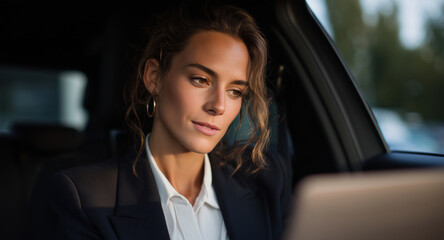 A man and woman are focused on a business marketing conversation while seated in a car. The woman appears engaged, evaluating materials on a laptop, emphasizing teamwork and collaboration.
