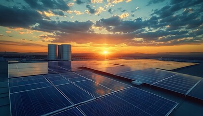 Futuristic Solar Panel Array at Sunset with Abstract Geometric Elements Representing Clean Energy and Innovation