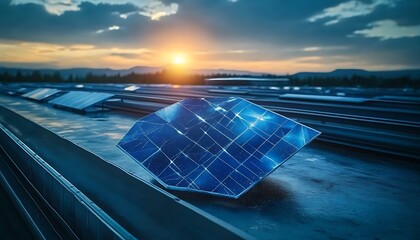 Futuristic Solar Panel Array at Sunset with Abstract Geometric Elements Representing Clean Energy and Innovation