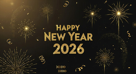 Golden Celebration 2026: A radiant display of shimmering fireworks, in shades of gold, fills the night sky with joy, paired with celebratory text that announces a happy new year. 