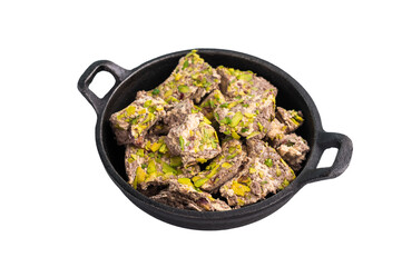 Turkish Halva with tahini and pistachio isolated on a white background. top view