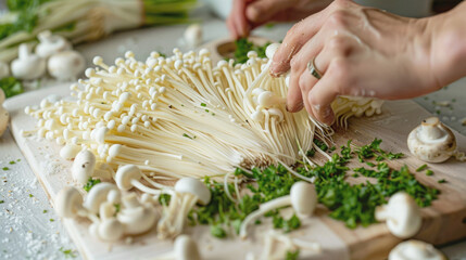 Close Up female hands preparing fresh enoki mushrooms with chopped parsley on a wooden cutting board. Cooking process, vegetarian ingredients and kitchen vibes