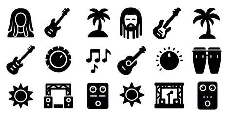 Music and reggae solid icons set – filled, silhouette, concert and festival symbols