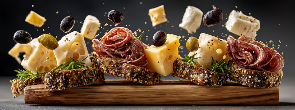 Wooden charcuterie board with meats, cheeses, olives, and bread floating in air. Bright light from above-left, soft shadows. Stone background. Ideal for gourmet branding or animated ingredient assembl