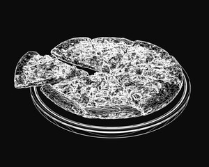 A white pizza with a missing slice sits on a plate against a dark background, highlighting its contour and texture. The crust is golden and slightly crispy.