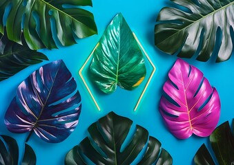 Vibrant Tropical Leaves in Various Colors Arranged on a Bright Blue Surface with Artistic Botanical Style