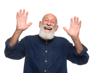 Joyful Elderly Man Laughing and Waving – Isolated on White Background