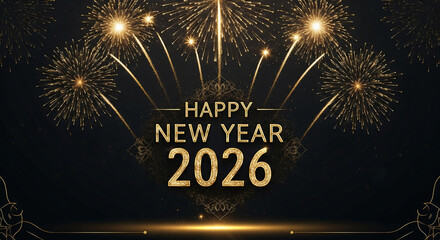 New Year's Celebration Fireworks: An impressive burst of golden fireworks explodes to celebrate the arrival of the New Year, illuminating the night sky, ushering in hope and new beginnings.