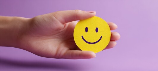 The cheerful hand holding a smiley face on a vibrant purple background