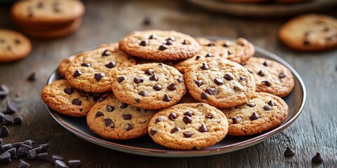 Freshly baked chocolate chip cookies on a rustic wooden table, a perfect treat for dessert lovers.