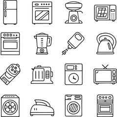 Home Appliances Line Icon Set – Vector Kitchen & Household Device Illustrations