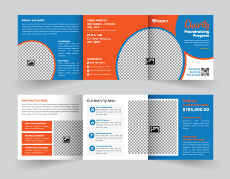 Professional and customizable square tri-fold brochure template designed to promote charity fundraising events, drive donations, and effectively engage supporters for your cause.