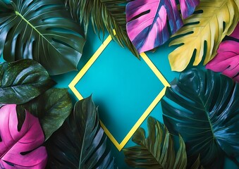 Bright Tropical Leaves in Pink, Yellow, and Green Surrounding a Diamond-Shaped Frame on a Blue Background for Bold Botanical Composition