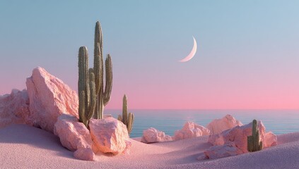 Pastel desert scene with cacti and rocks at sunset