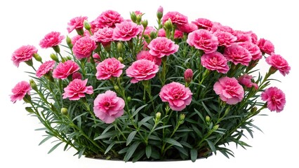 Beautiful display of bright pink carnation flowers in full bloom on white