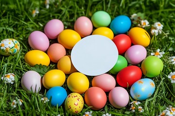 Colorful Speckled Easter Eggs Arranged in a Nest with Blank Round Card in the Center on Fresh Green Grass
