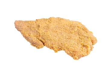 Fresh breaded Raw Wiener Schnitzel steak prepared for frying isolated on white background