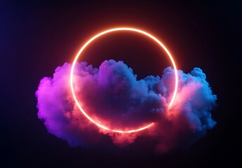Glowing Neon Circle Encircling a Soft Pink and Purple Cloud in a Dark Atmospheric Background with Futuristic Vibes