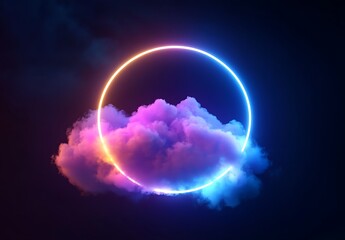 Glowing Neon Circle Encircling a Soft Pink and Purple Cloud in a Dark Atmospheric Background with Futuristic Vibes