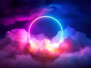 Glowing Neon Circle Encircling a Soft Pink and Purple Cloud in a Dark Atmospheric Background with Futuristic Vibes
