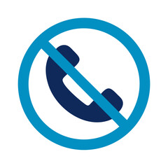 A blue telephone handset icon with a light blue circle and diagonal line through it on black