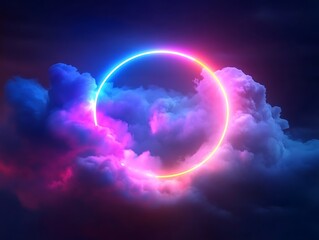 Glowing Neon Circle Encircling a Soft Pink and Purple Cloud in a Dark Atmospheric Background with Futuristic Vibes