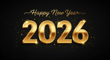 New Year 2026: A festive and luxurious gold 2026 on a black background, complemented by a cheerful Happy New Year inscription. It evokes optimism and good cheer.