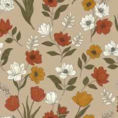 Beige background with a repeating pattern of various flowers and foliage in muted autumnal colors.