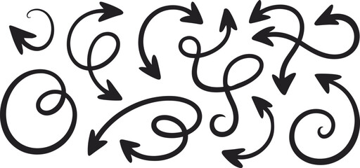 Hand Drawn Curly Arrows Set Vector Isolated on White Background
