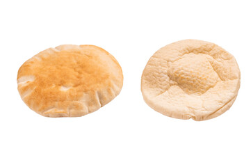 Fresh pita bread close up isolated on white background. top view