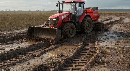 Red farm tractor plows through muddy field showing challenges of modern agriculture in a rural countryside setting