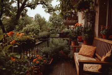 Obraz premium Cozy balcony garden with wooden bench