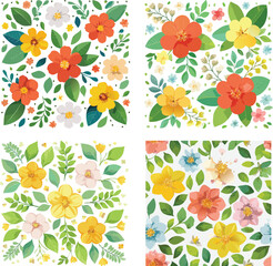 A vibrant collection of four square panels, each showcasing a cheerful arrangement of colorful spring flowers and lush green leaves on a white background.